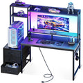 Casaottima 48 Inch Gaming Desk With Hutch & 3 Fabric Drawers, Computer Desk With Usb Ports & Led Lights, Reversible Pc Gamer Table With Monitor Stand For Home Office, Carbon Fiber Black