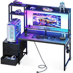Casaottima 48 Inch Gaming Desk With Hutch & 3 Fabric Drawers, Computer Desk With Usb Ports & Led Lights, Reversible Pc Gamer Table With Monitor Stand For Home Office, Carbon Fiber Black