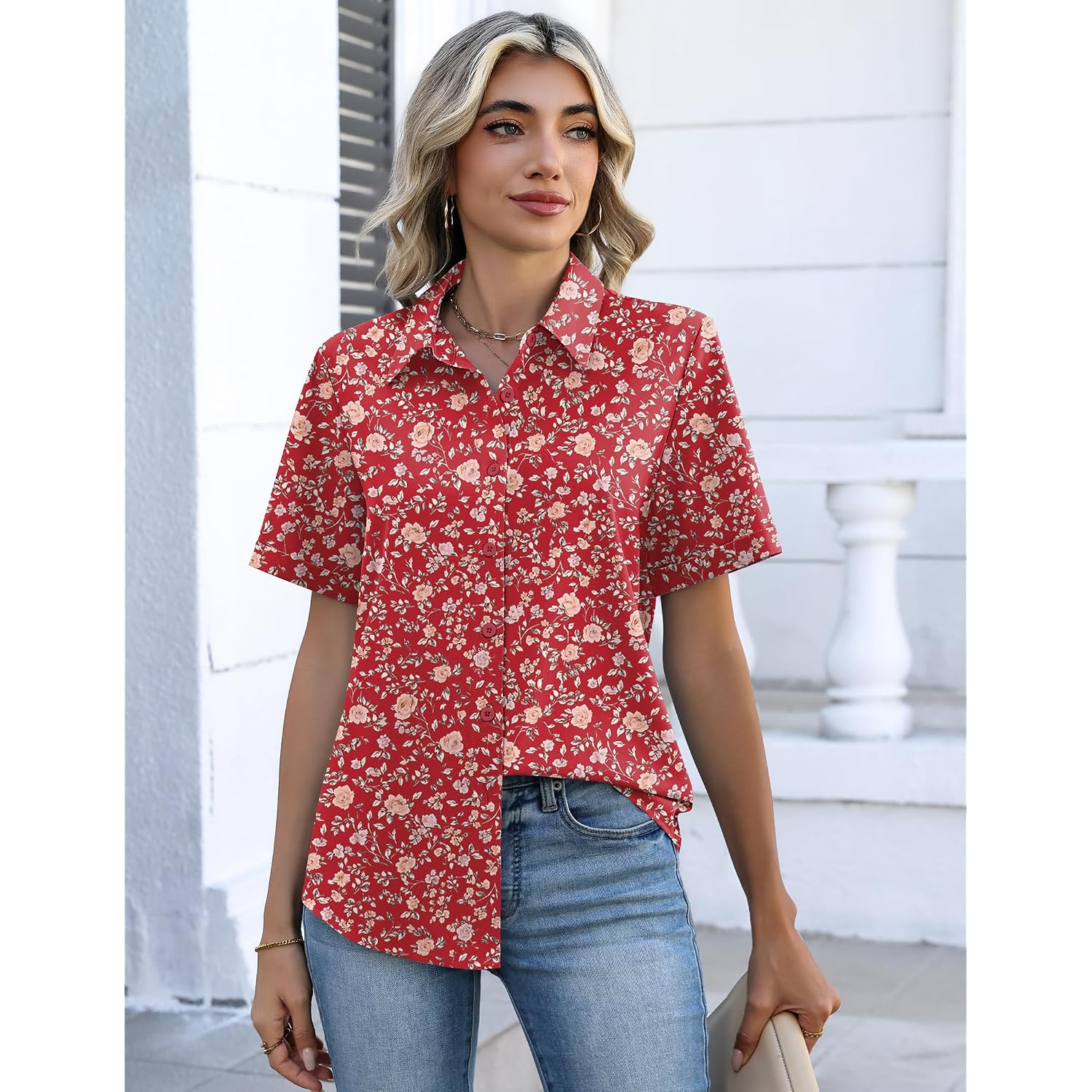 Zeagoo Button Down Shirts For Women Short Sleeve Collared Tops Dressy Casual V Neck Blouses