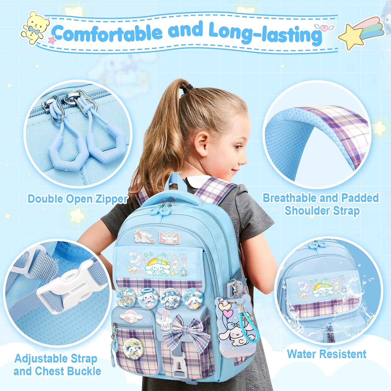 Kieal 16.5/19In School Backpack For Girls With 24Pcs Accessories, Anti-Theft Kids Backpack For Students, New Semester Presents With Pins And Card Holder