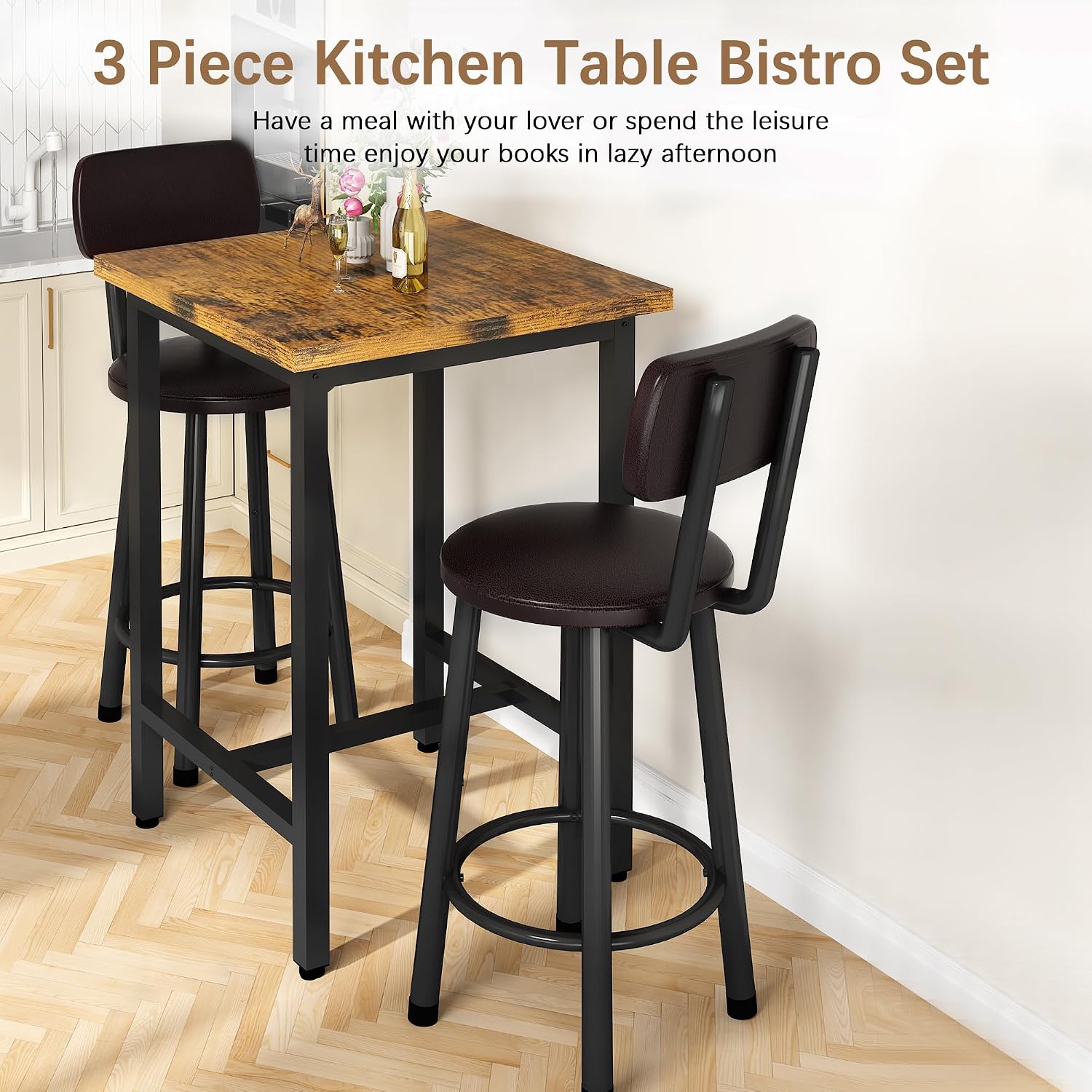 Recaceik 3 Piece Pub Dining Set, Modern Bar Table And Stools For 2 Kitchen Counter Height Wood Top Bistro Easy Assemble For Breakfast Nook Living Room Small Space Restaurant
