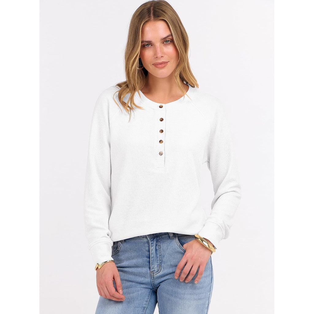 Anrabess Women'S Long Sleeve Waffle Knit Shirts Dressy Casual Loose Button Up V Neck Henley Tops 2026 Fall Basic Tee Blouse