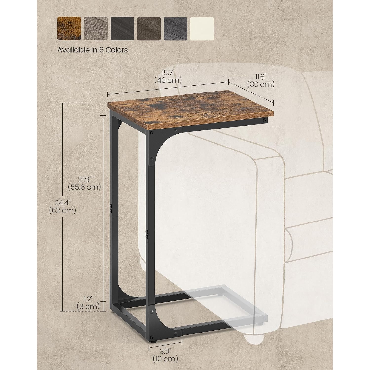 Vasagle C-Shaped End Table, Small Side Table For Couch, Sofa Table With Metal Frame For Living Room, Bedroom, Bedside, Rustic Brown And Black