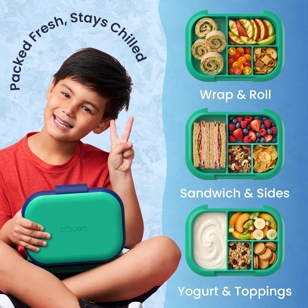 Bentgo Chill Kids Leakproof Lunch Box - 4-Compartment Bento Box With Built-In Ice Pack, 3.3 Cup Capacity, Bpa-Free, Microwave & Dishwasher Safe Tray, Ages 3–7 (Green/Navy)