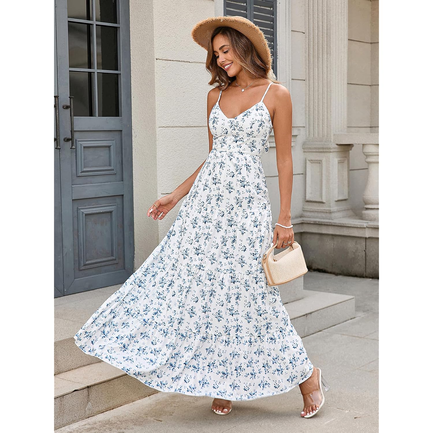 Htzmo Women Casual Summer Floral Maxi Sundress V Neck Spaghetti Strap Bow Tie Backless Flowy Boho Beach Long Dress 2026
