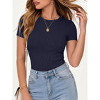 ANRABESS Women Short Sleeve Crewneck Ribbed Knit Slim Fitted Shirts Summer Tops Basic Tee Casual 2026 Spring Outfits Clothes