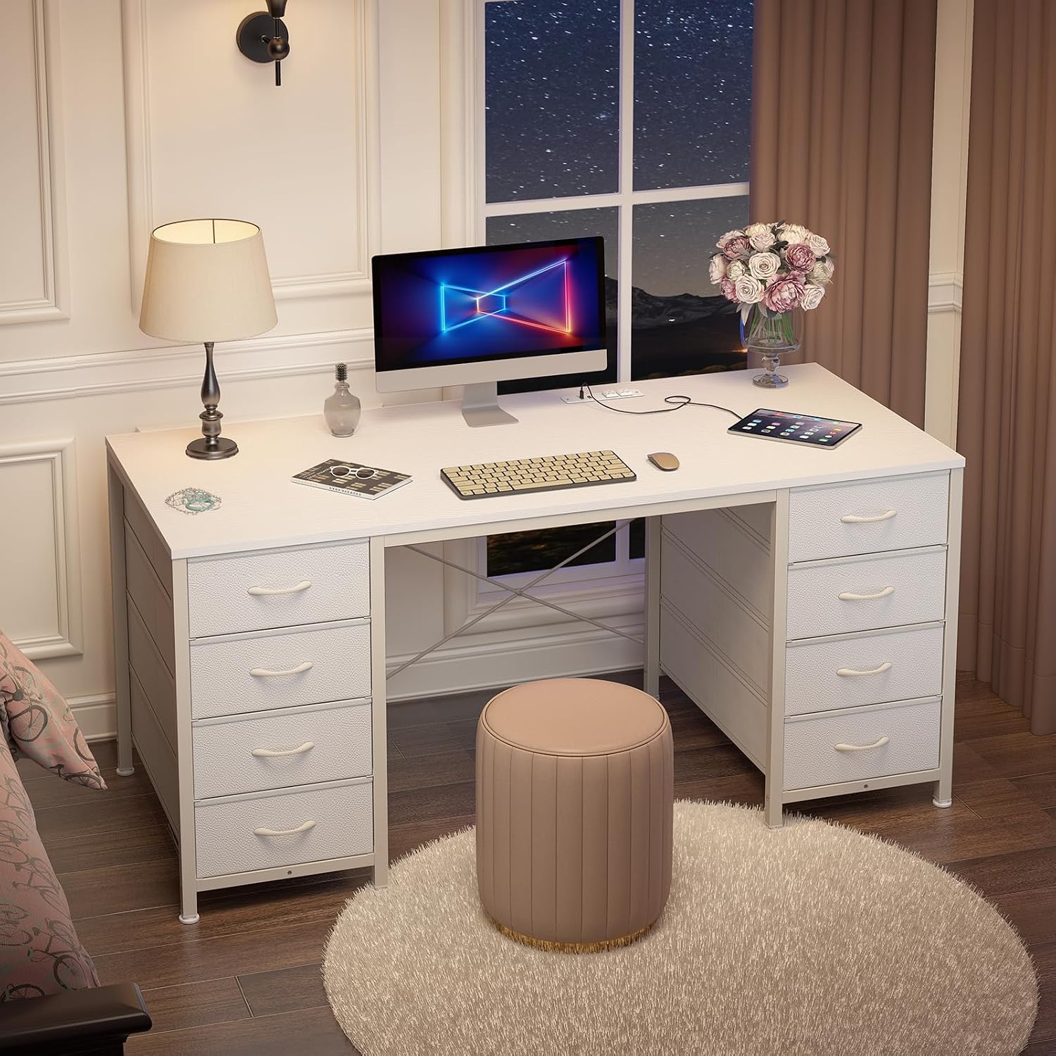 50 Inch White Computer Desk With 8 Drawers, Home Office Desk With Power Outlets, Work Study Gaming Desk With 8 Fabric Drawers, White