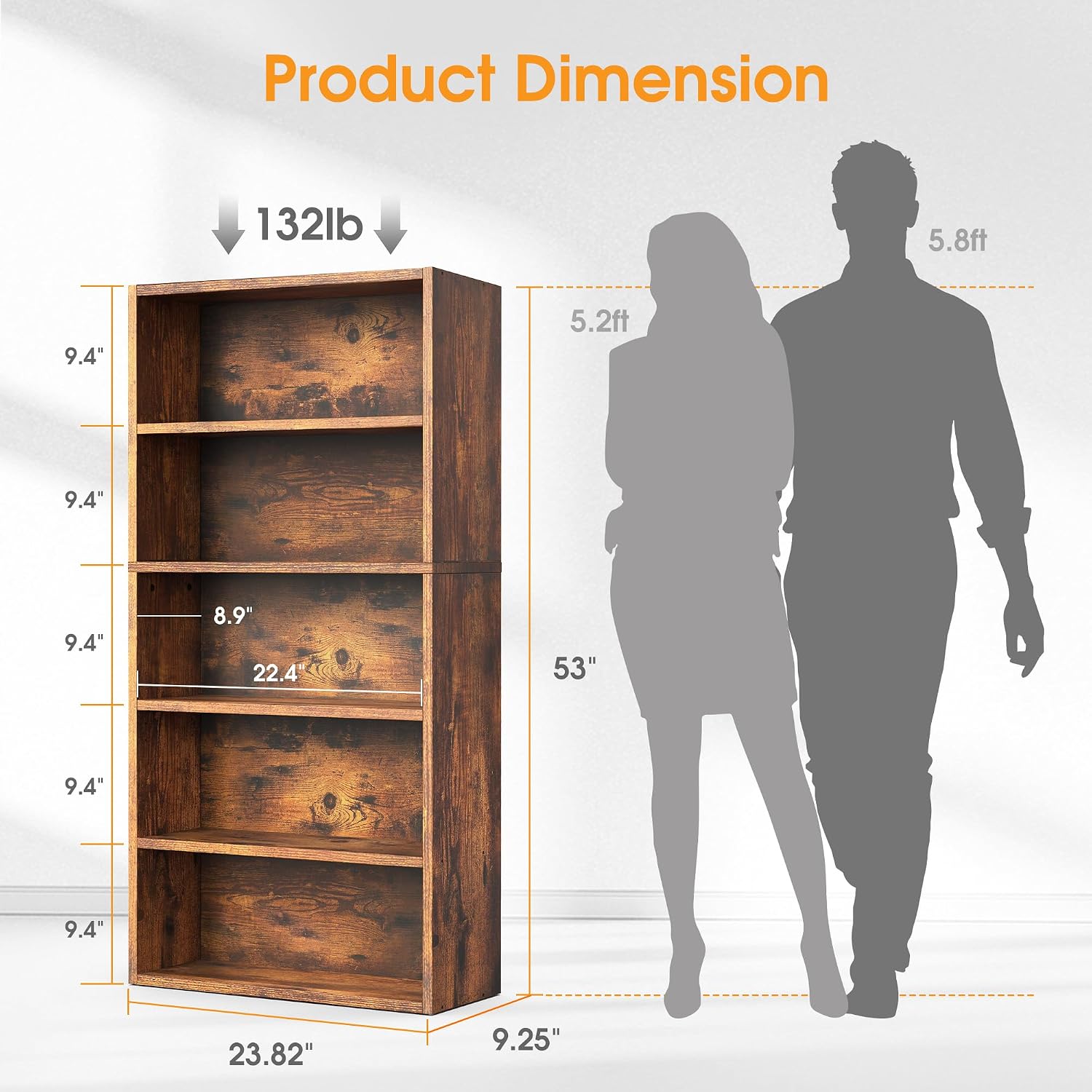 Sweetcrispy Industrial 5 Shelf Bookcase - Large 53 Inch Tall Floor Standing Open Bookshelf For Home Office, Living Room, And Bedroom Storage, Classic White
