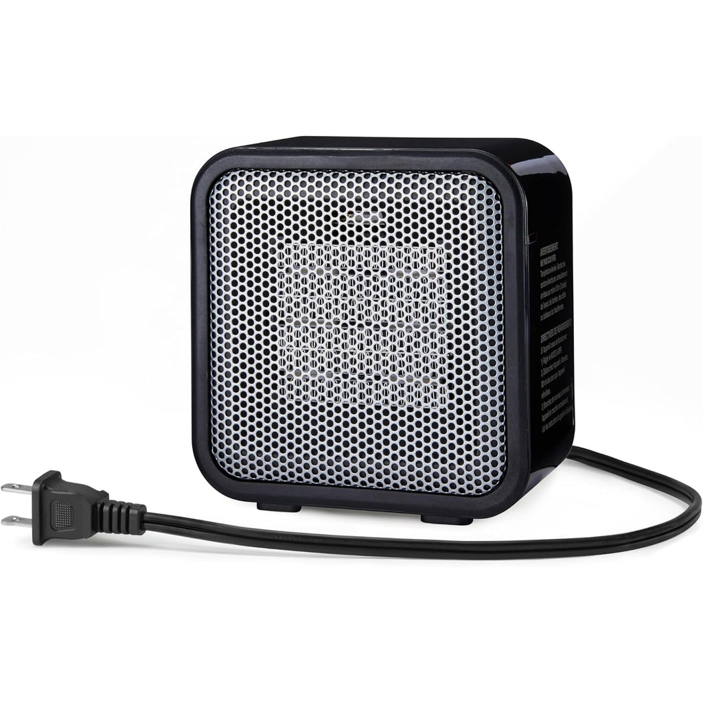 Amazon Basics Ceramic Portable Mini Space Heater For Office Desk, Indoor Use, Fast Heating, Energy Efficient, 500W, With Tip-Over Protection, Lightweight 1.4 Lbs, Black, 5.87"D X 3.15"W X 5.95"H