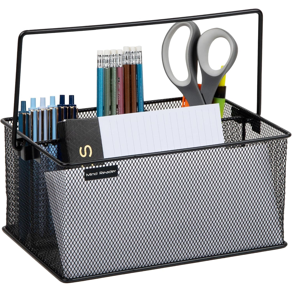 Mind Reader Multi-Purpose Storage Caddy With Handle, Desktop Organizer, Cutlery Holder, 4 Compartments, Metal Mesh, Black