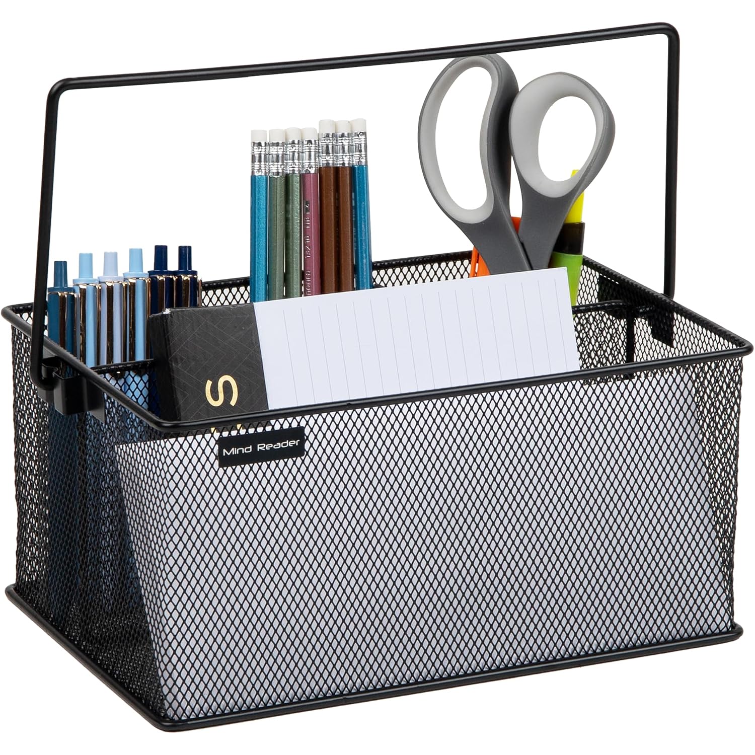Mind Reader Multi-Purpose Storage Caddy With Handle, Desktop Organizer, Cutlery Holder, 4 Compartments, Metal Mesh, Black