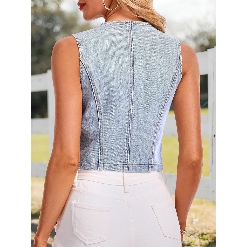 Denim Vest V Neck Jean Vest Tops For Women Sleeveless Button Down Denim Cropped With Pockets Casual Outfits