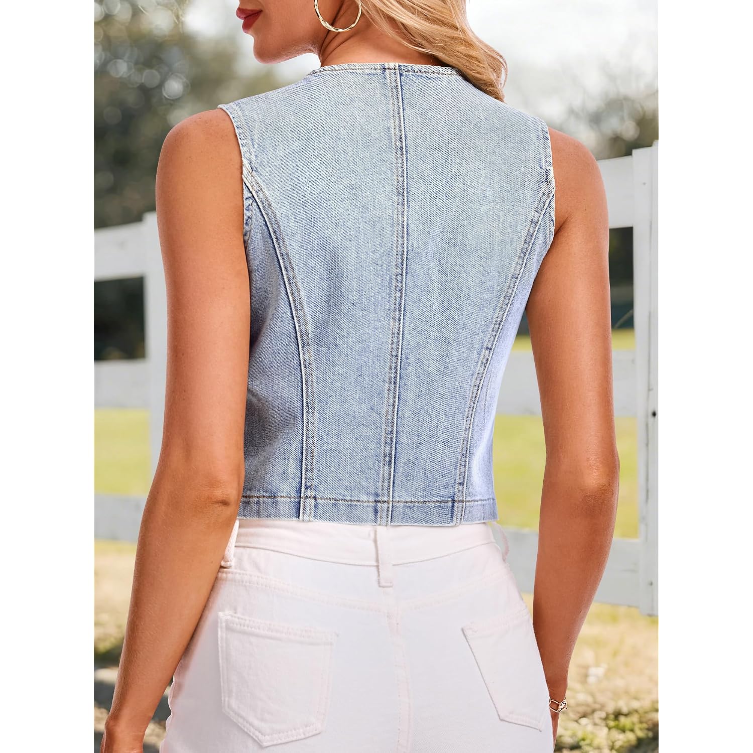 Denim Vest V Neck Jean Vest Tops For Women Sleeveless Button Down Denim Cropped With Pockets Casual Outfits