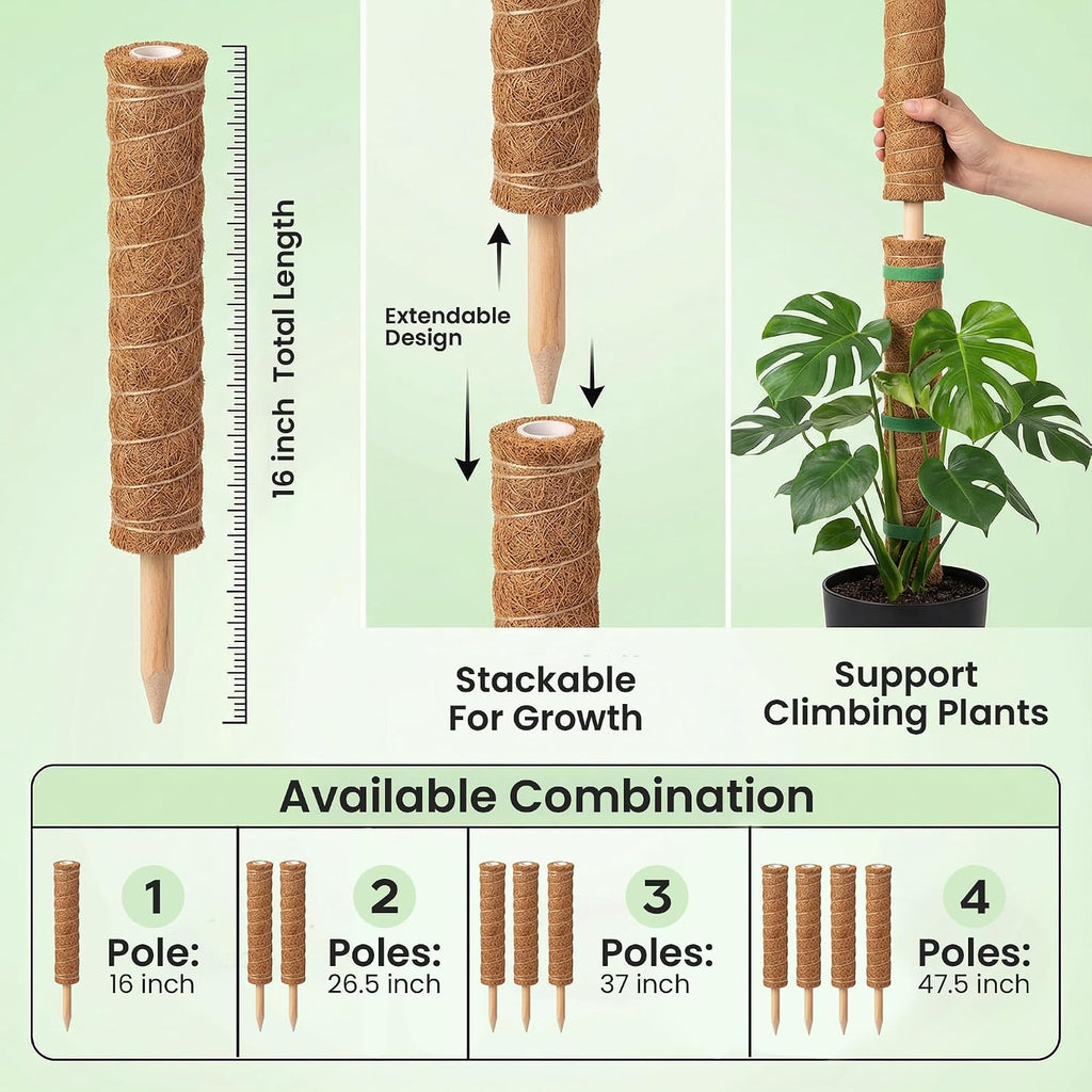 4 Pack 16" Moss Pole Monstera Plant Support - Stackable Up To 48" - Plant Stakes For Indoor Climbing Plants Potted - Tall Coco Coir Pole Sticks & Accessories For Monstera, Pothos & Philodendron