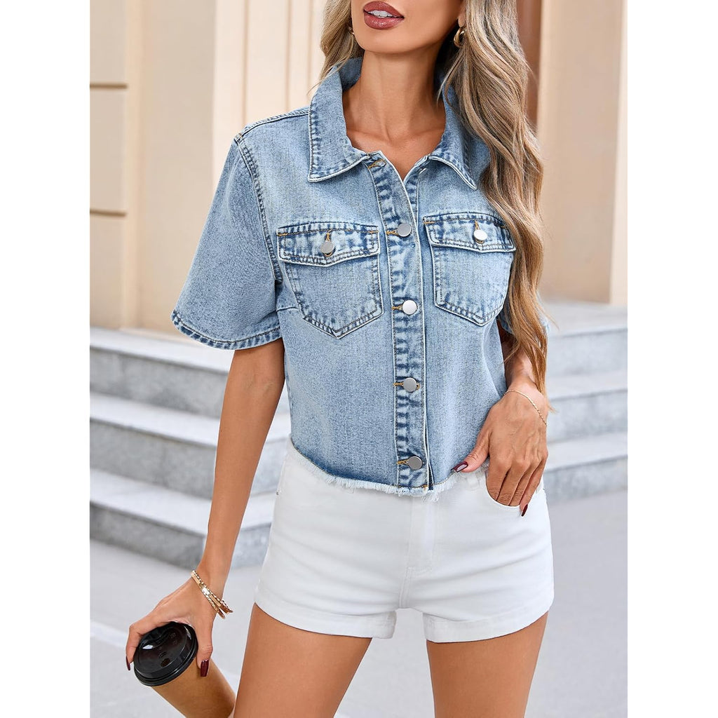 Short Sleeve Denim Jacket For Women Summer Frayed Hem Jean Cropped Jacket Casual Crop Cardigan