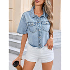 Short Sleeve Denim Jacket For Women Summer Frayed Hem Jean Cropped Jacket Casual Crop Cardigan