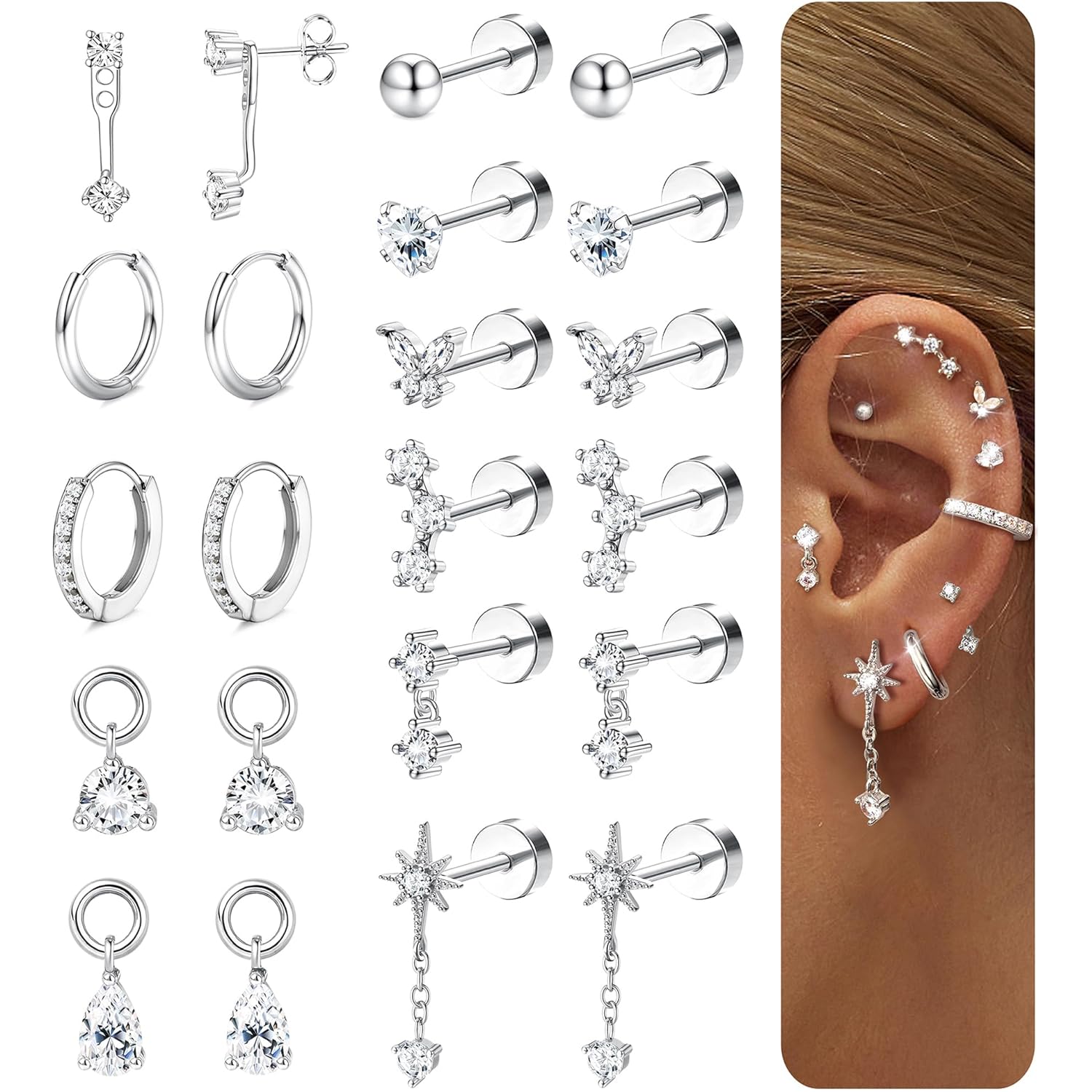 BESTEEL Hypoallergenic Flat Back Earrings Cartilage - Gold Silver Earring Stacks Surgical Stainless Steel Helix Tragus Conch Flatback Stud Hoop Earring Sets for Sensitive Ears Women Trendy Gift
