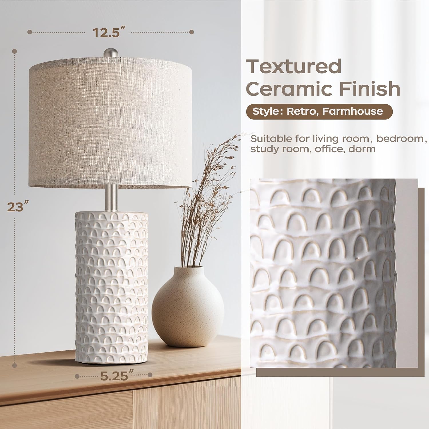 23" Modern Ceramic Table Lamp Set Of 2, Table Lamps For Living Room, Rustic Farmhouse Bedside Lamps Nightstand Lamp For Bedroom, White Desk Lamp For End Table Home Decor Beige