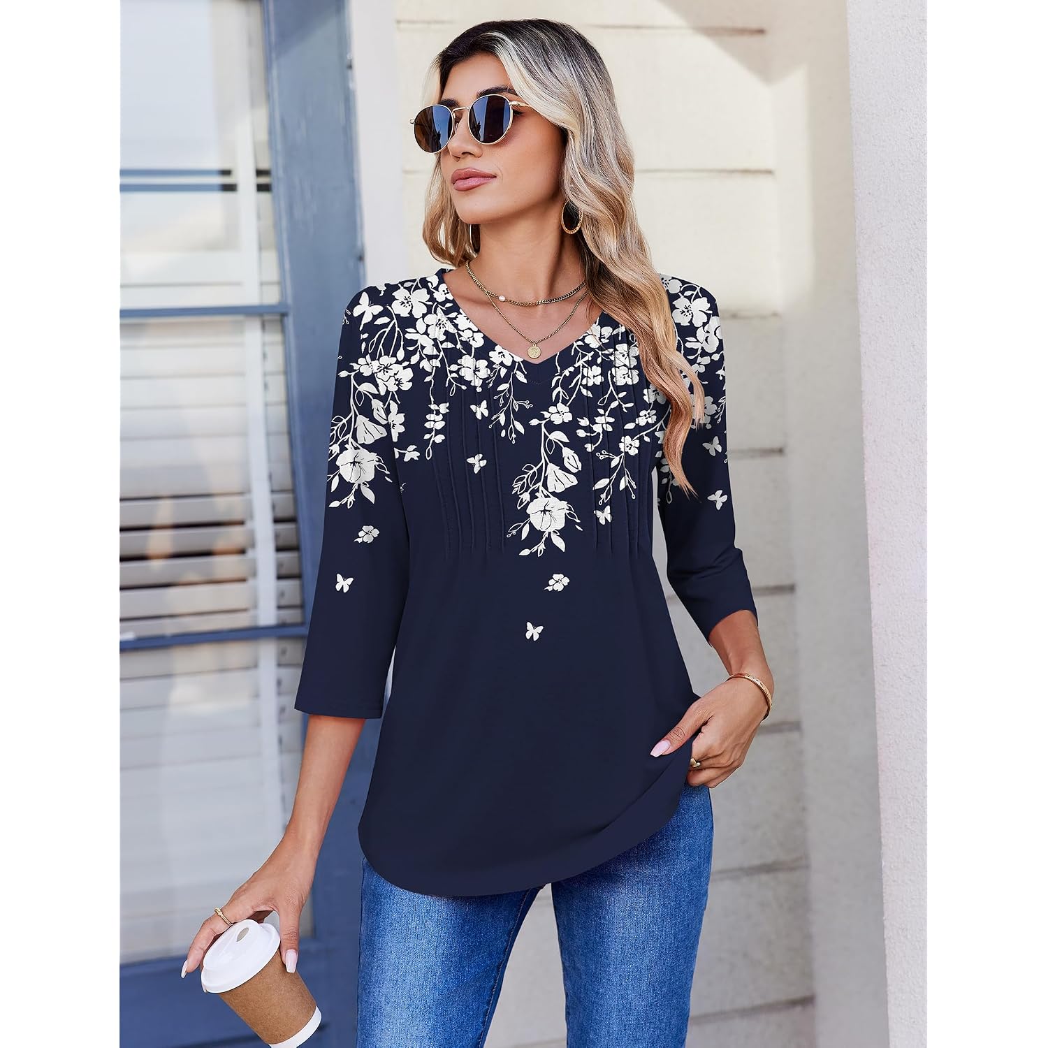Zeagoo 3/4 Length Sleeve Womens Tops Casual V Neck Pleated Top Boho Floral Blouses Work Shirts