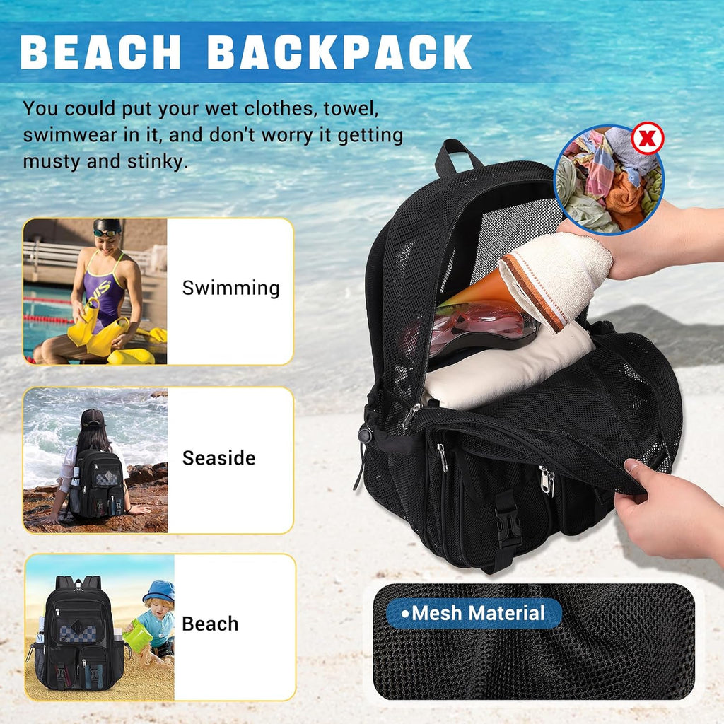Mesh Backpack For School Heavy Duty See Through Net Bookbag Girls Boys Semi-Transparent Net Back Pack For Beach, Swimming, Sports, Work, Travel (Black)