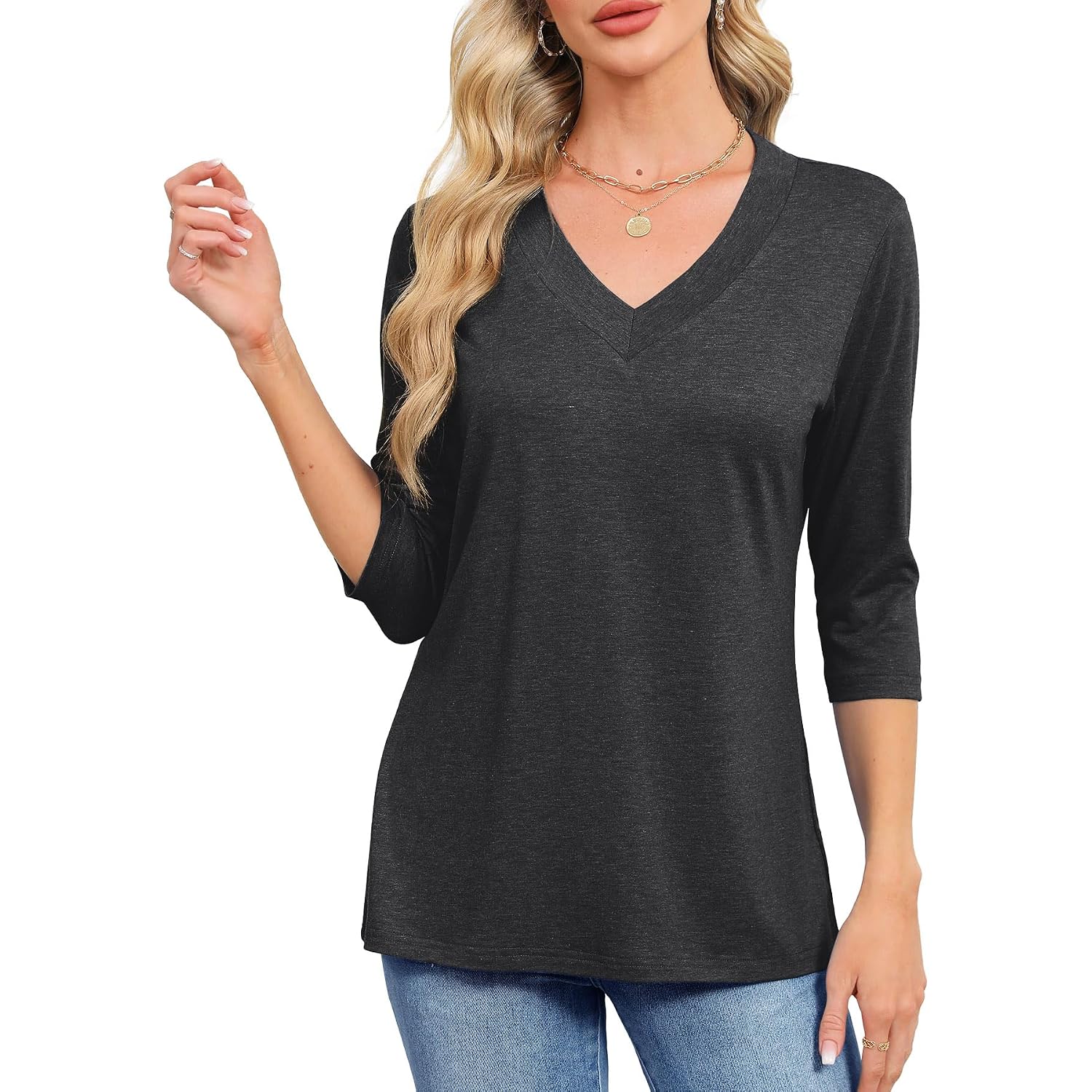 JomeDesign Womens Tops 3/4 Length Sleeve Summer V Neck Shirts Casual Tunic Tops 2025