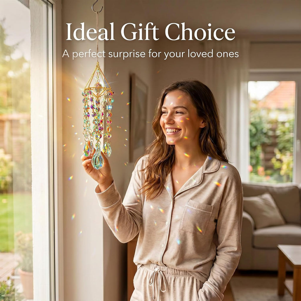 Crystal Suncatchers For Window Hanging Rainbow Maker Sun Catchers Indoor | Glass Wind Chime Garden Sun Catchers With Crystals Prisms,Whimsical Decor For Home,Handmade Gold Plated,With String & Hook