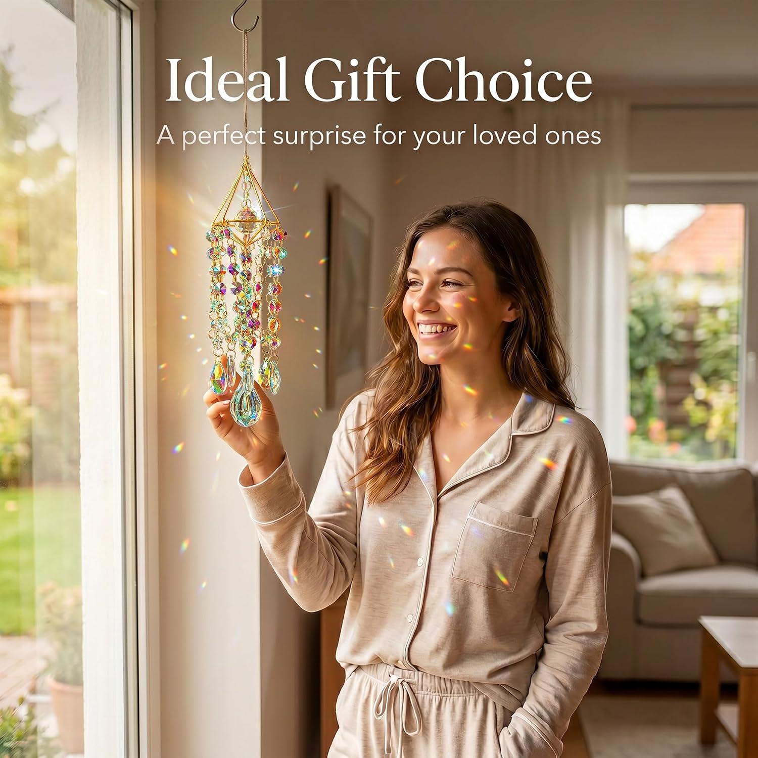 Crystal Suncatchers For Window Hanging Rainbow Maker Sun Catchers Indoor | Glass Wind Chime Garden Sun Catchers With Crystals Prisms,Whimsical Decor For Home,Handmade Gold Plated,With String & Hook