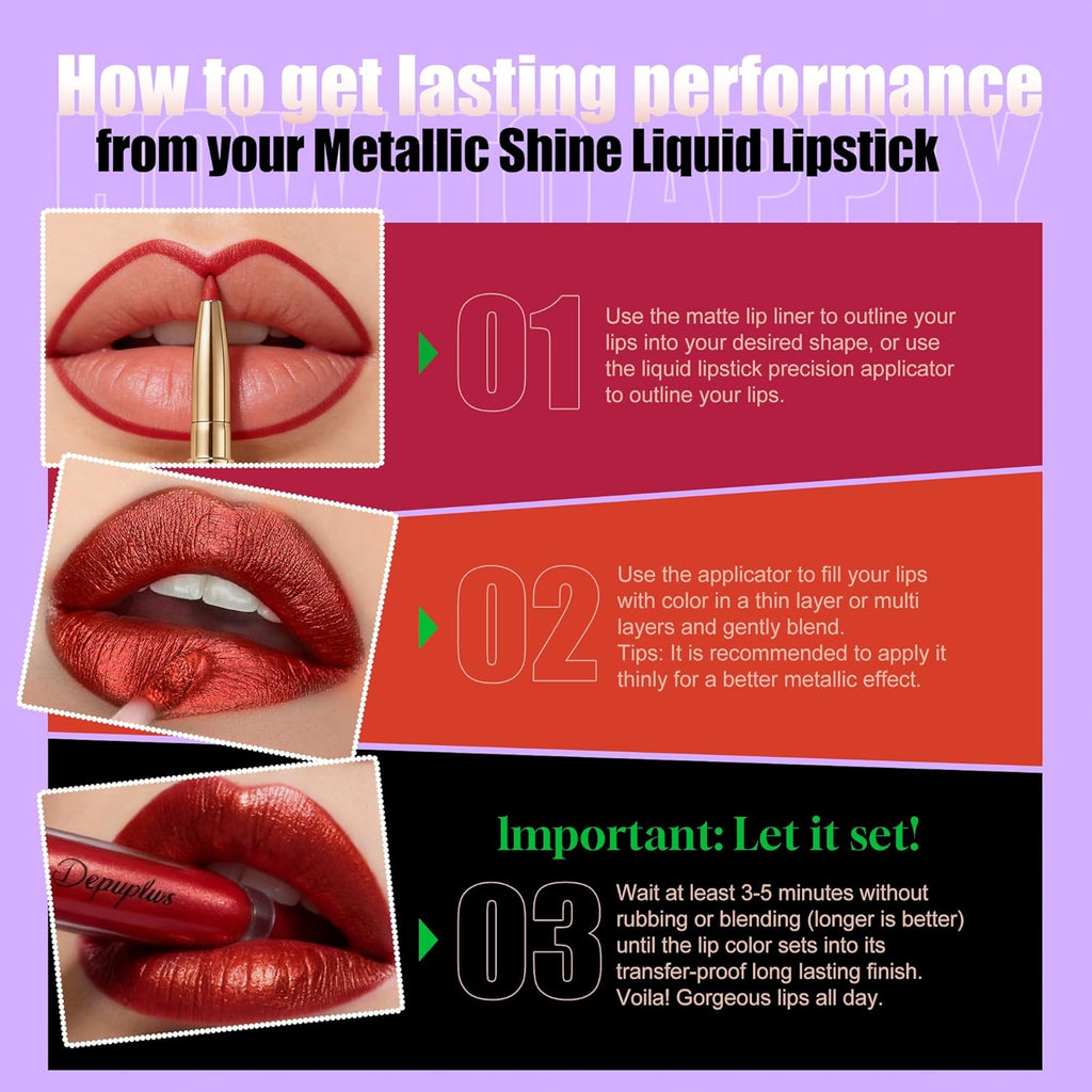 Depuplum Pink Metallic Lipstick and Lip Liner Combo Makeup 2in1 Shimmer Glitter Lipsticks for Women Metallic Lip Gloss Stain Waterproof Smudgeproof Nude Long Lasting Lipsticks (GB19 Daring)