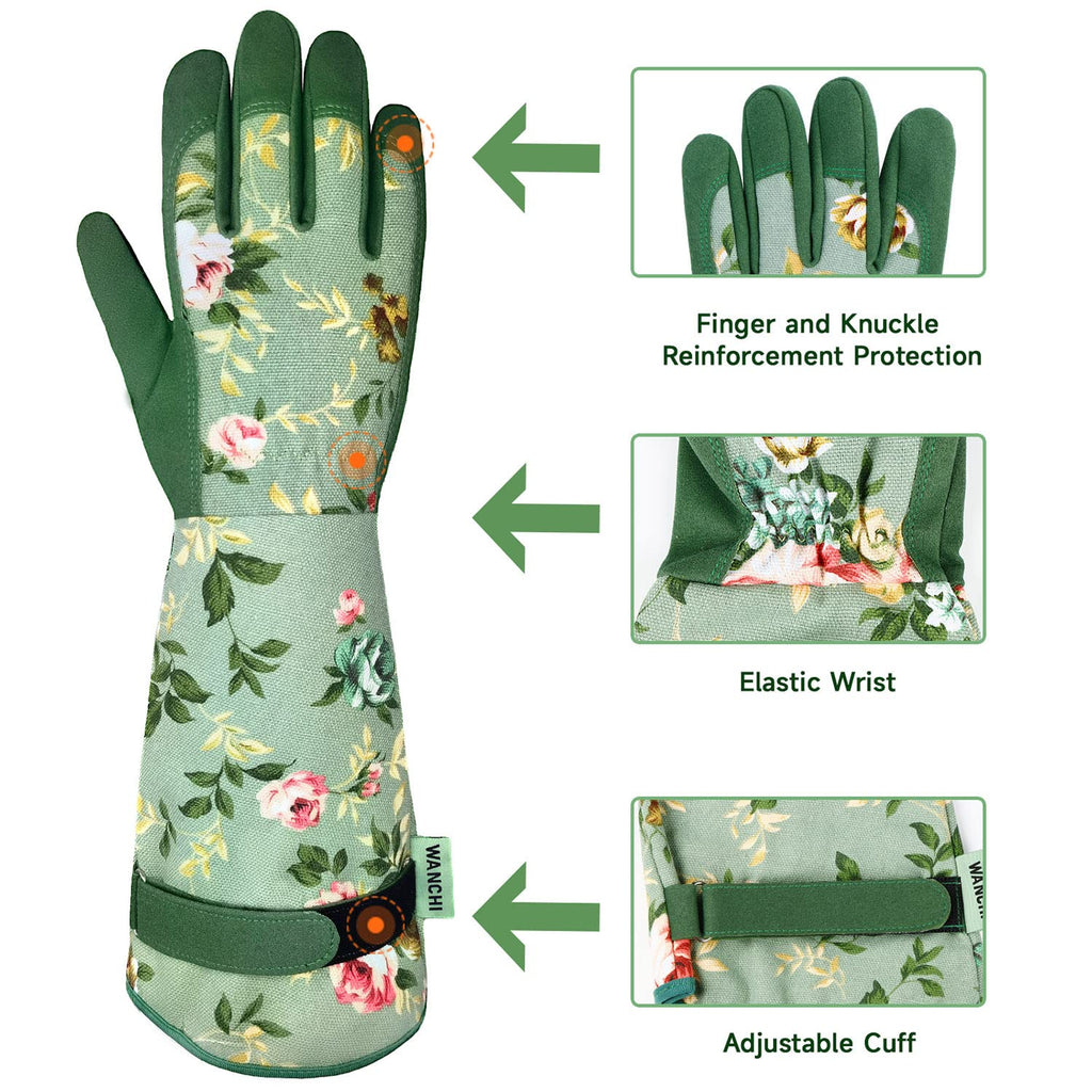Wanchi Gardening Gloves, Durable And Comfortable Women'S Long Garden Gloves For Gardening Work And Yard Work, Leather Gardening Gloves For Women, Green Print (Medium)