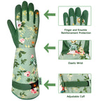 Wanchi Gardening Gloves, Durable And Comfortable Women'S Long Garden Gloves For Gardening Work And Yard Work, Leather Gardening Gloves For Women, Green Print (Medium)