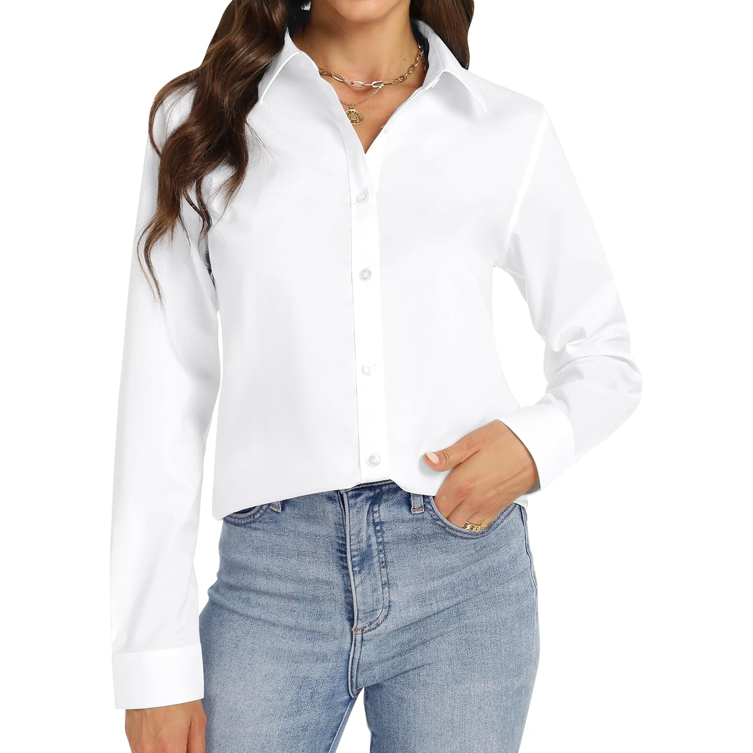 Button Down Shirts for Women Stretch Collared Cotton Long Sleeve Dress Shirt Business Casual Blouse for Work