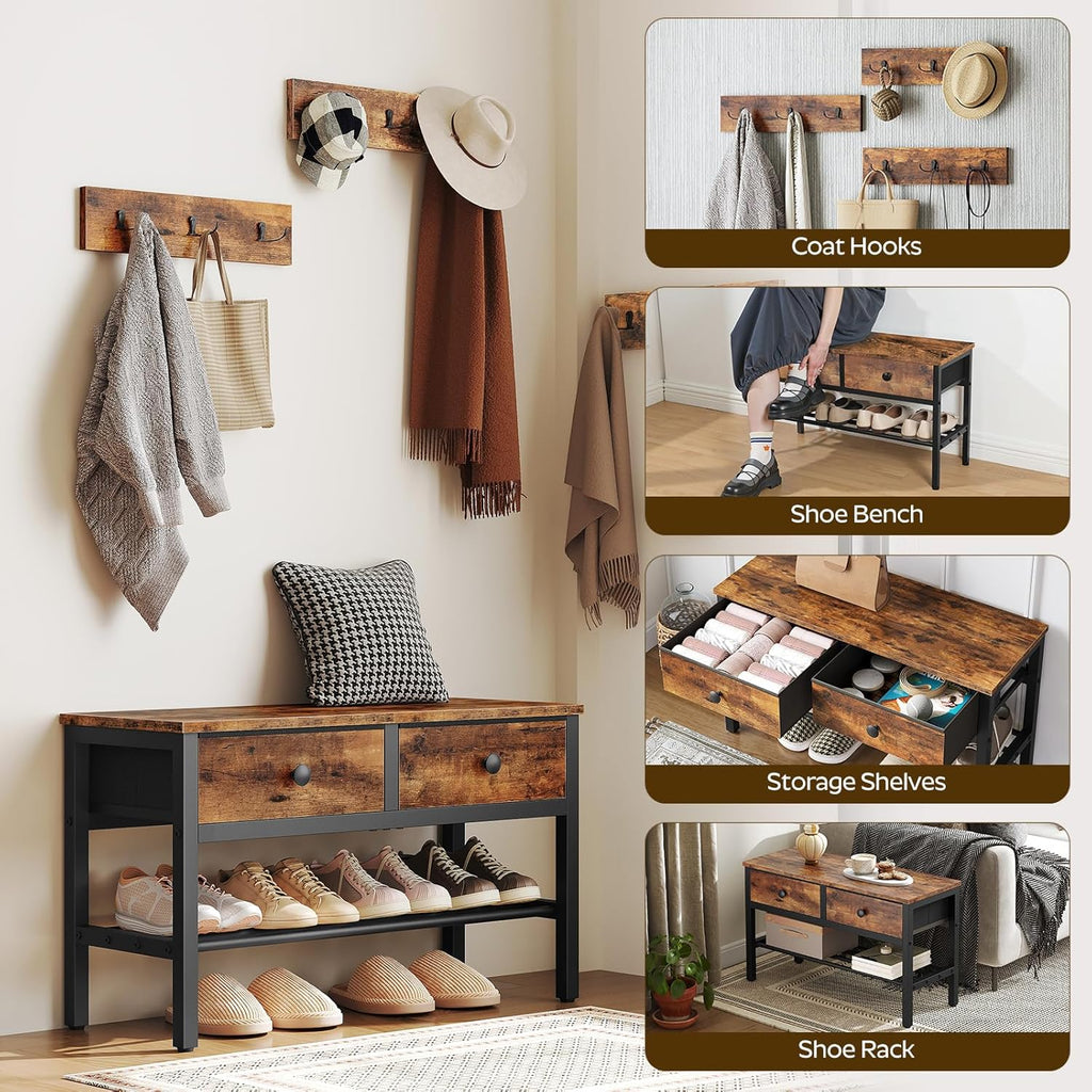 YATINEY Hall Tree with Bench and Shoe Storage, Entryway Bench with Coat Rack, 4-in-1 Coat Rack Shoe Bench, Multifunctional, for Front Door, Hallway, Foyer, Rustic Brown and Black MT05BR