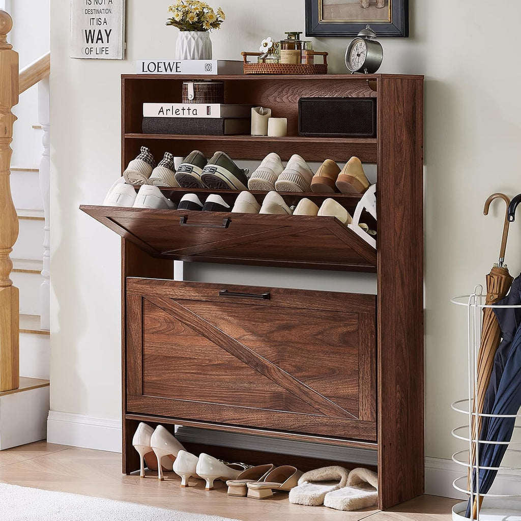 Rwyhg Shoe Cabinet Storage For Entryway With 2 Flip Drawers Open Storage Layer Rack Narrow Organizer Slim Hidden Wood Shoe Cabinet Furniture Walnut
