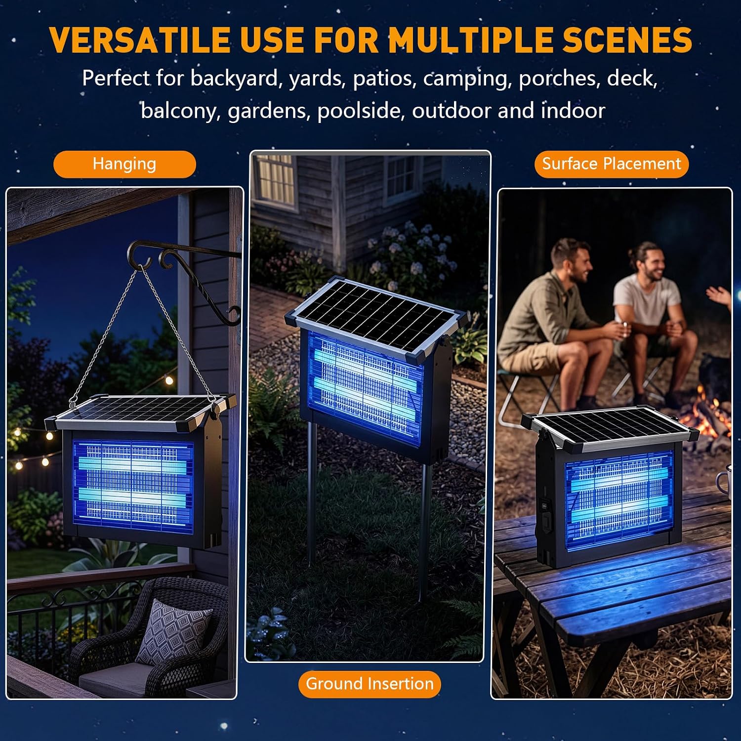 Solar Bug Zapper Outdoor, 4500V Solar Mosquito Zapper For Outdoor & Indoor, 1/2 Acre Coverage Cordless Rechargeable Electric Fly Zapper, Ipx5 Waterproof Mosquito Traps For Backyard, Patio, Camping