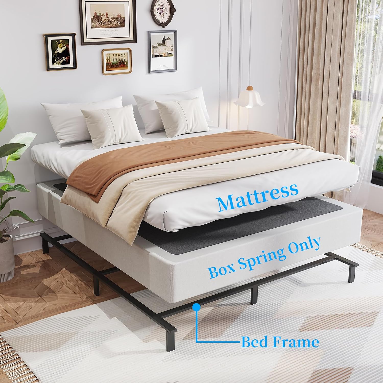 Queen Box Spring, 8 Inch Box Spring For Queen Bed, 3000 Lbs Heavy Duty Metal Frame Mattress Foundation With Fabric Cover, Easy Assembly-Noise Free