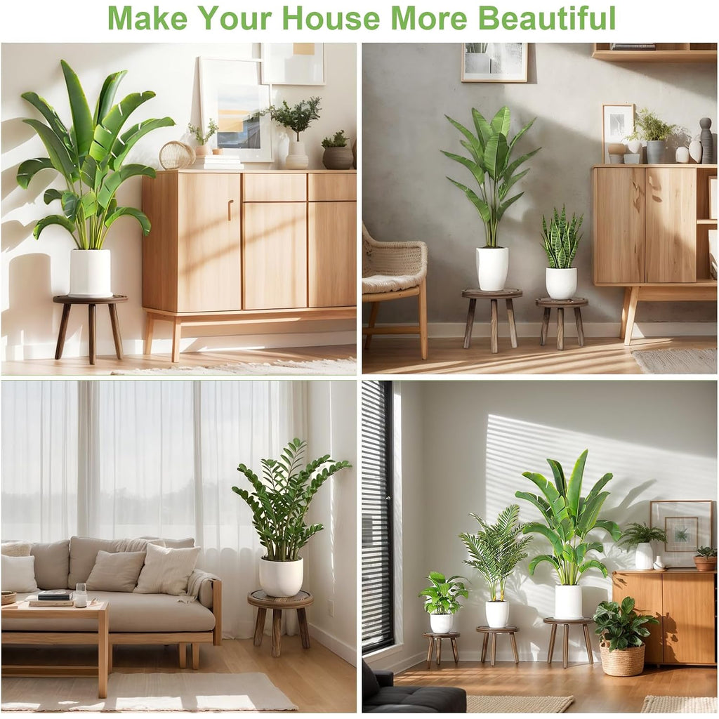 3-Pack Wood Plant Stands Indoor, Single Plant Stand For 6-12 Inch Pots, Mid-Century Modern Plant Stool, Tall Plant Stand For Large Plants Perfect Fit For Living Room, Balcony, Office