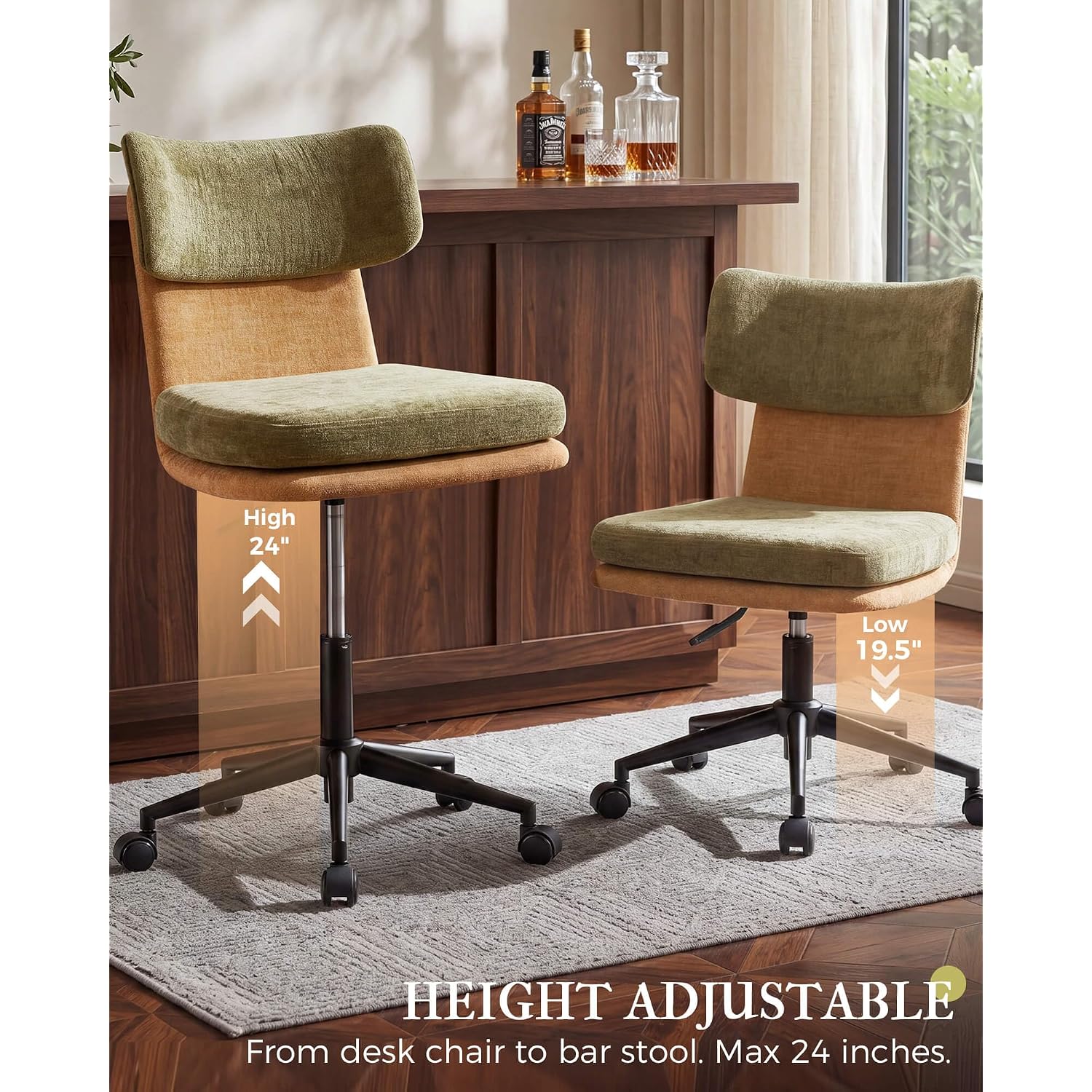 Comhoma Home Office Desk Chairs With Ergonomic Curved Backrest, Mid Century Modern Vanity Chair With Wheel For Bedroom, Chenille Upholstered, Green