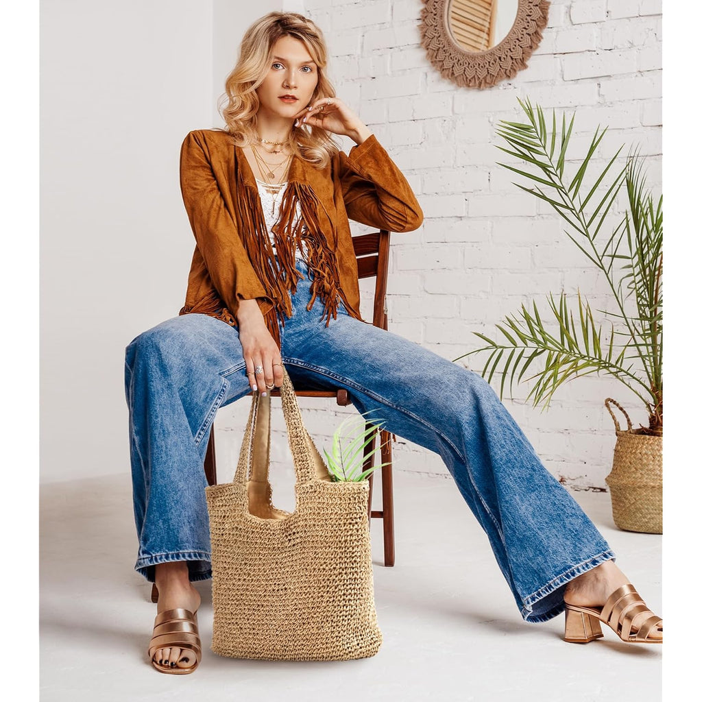 Trifabricy Beach Bags for Women, Large Beach Bag, Woven Straw Tote Bags Waterproof, Weaving Swim Shopping Travel Bag