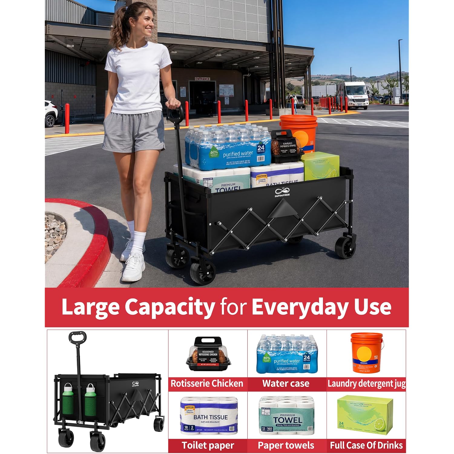 34" Extra Long Foldable Wagon With All-Terrain Wheels, 260 Lbs Capacity Collapsible Utility Cart For Grocery Shopping, Apartment Moving, Camping, Picnic, Sports (Black)