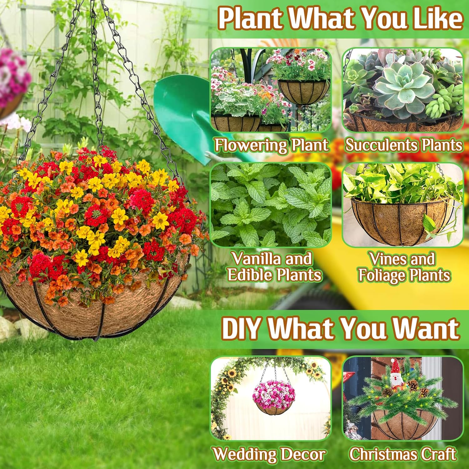 2 Pack 14 Inch Hanging Baskets For Plants Outdoor, Metal Wire Round Planters With Coco Liner, Hanging Flower Baskets For Home Garden Porch Balcony Railings Decor