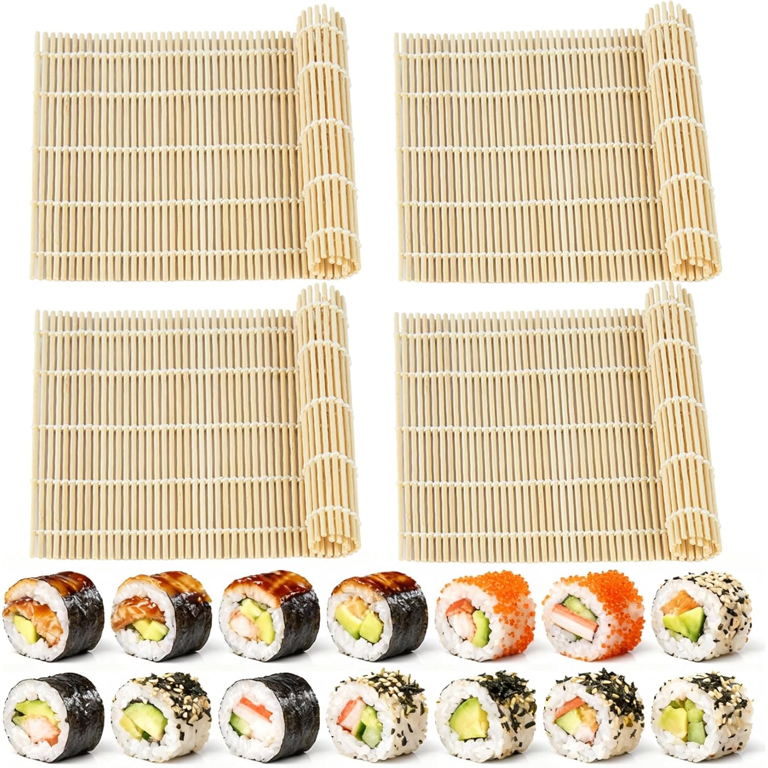 4 Pcs Bamboo Roll Sushi Mat, Sushi roll maker for Kimbap Sushi Maki Rolls, Easy Homemade (9.5" x 9.5")