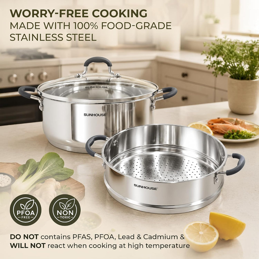 Sunhouse 3.1 Qt Stainless Steel Steamer Pot For Cooking Vegetables | Steaming Pot With Glass Lid & Steamer Basket - 2 Tier Tri-Ply Stovetop Steamer For Vegetable, Veggie - Induction Compatible