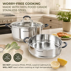 Sunhouse 3.1 Qt Stainless Steel Steamer Pot For Cooking Vegetables | Steaming Pot With Glass Lid & Steamer Basket - 2 Tier Tri-Ply Stovetop Steamer For Vegetable, Veggie - Induction Compatible