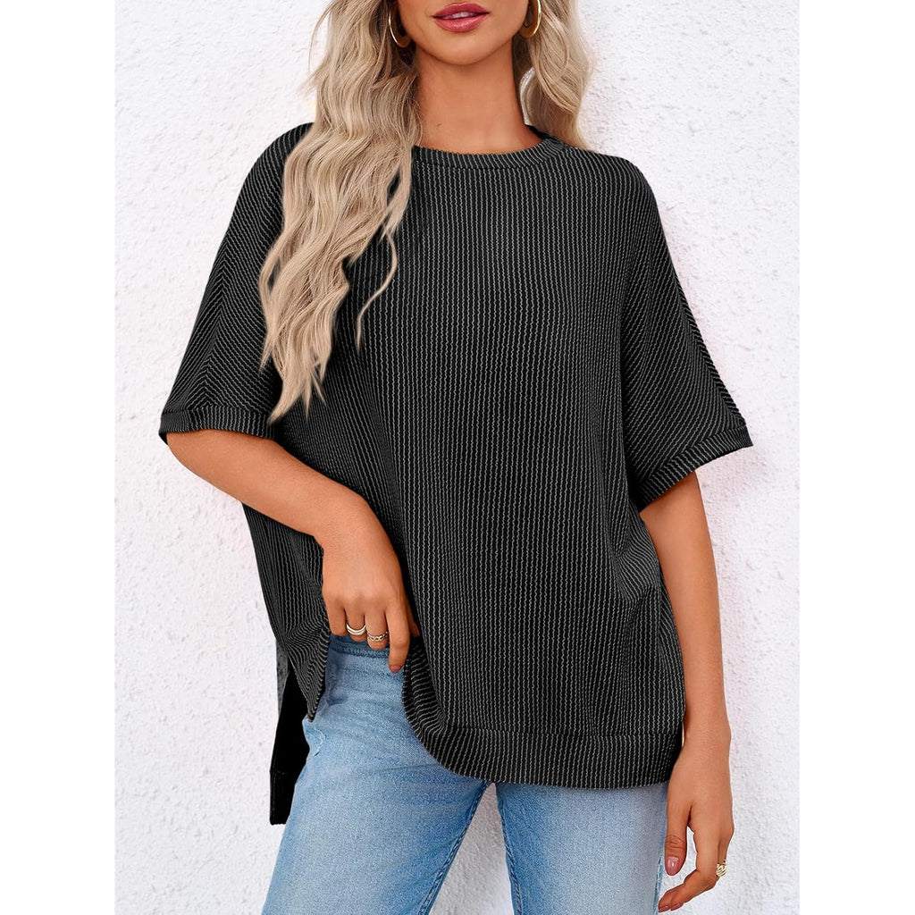 Tankaneo Womens Oversized T Shirts Summer Casual Ribbed Batwing Short Sleeve Tunic Tops Loose Fit Dolman Sleeve Tees