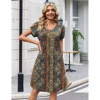 Zeagoo Summer Dresses For Women Casual A Line Dress 2026 V Neck Short Dresses Floral Sundress Pleated Boho Dress