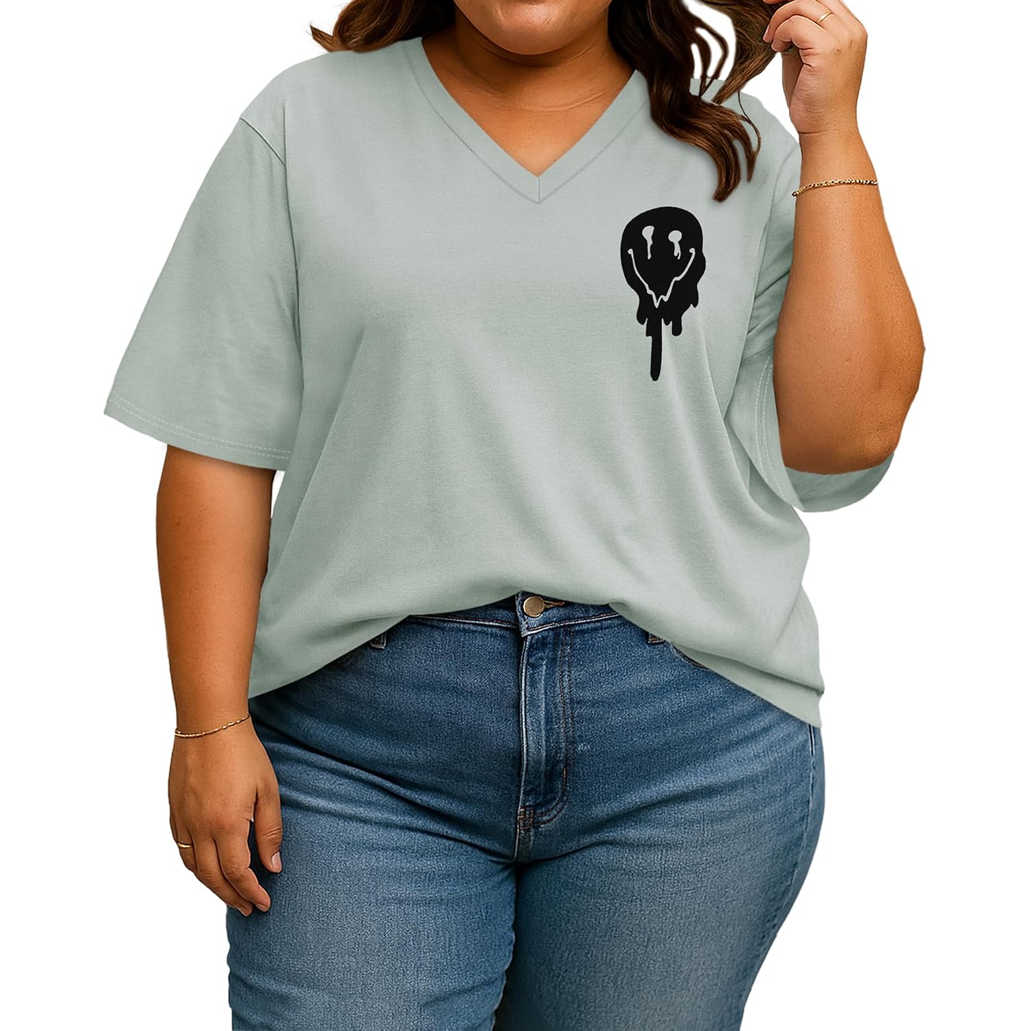 rosemia Plus Size Tops for Women Oversized Casual Tops V Neck Short Sleeves Basic Tees 2026 Green Smile