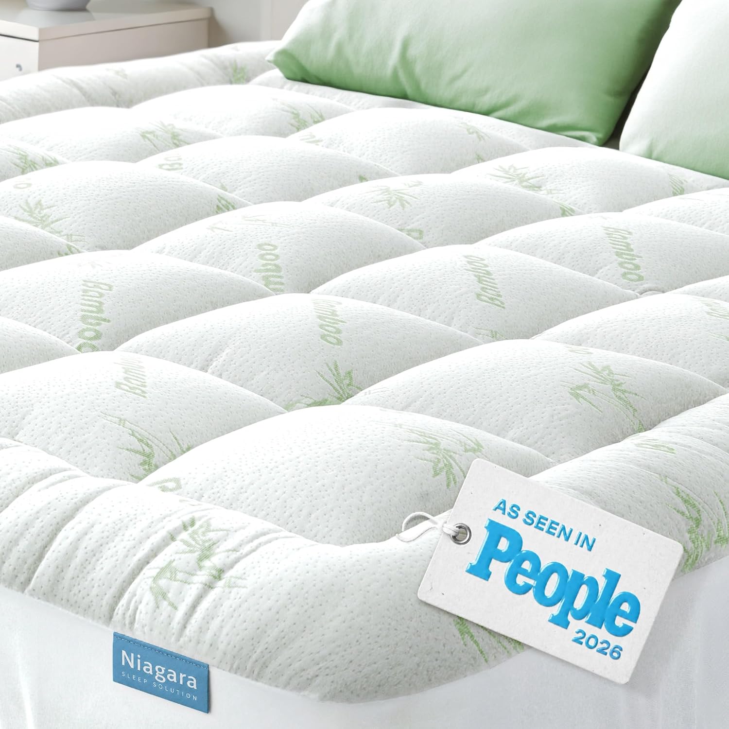 Niagara Sleep Solution Ultra Soft Queen Size Mattress Topper - Rayon Derived From Bamboo Pillow Top Mattress Pad For Back Pain Relief - Naturally Cooling For Hot Sleepers, Green