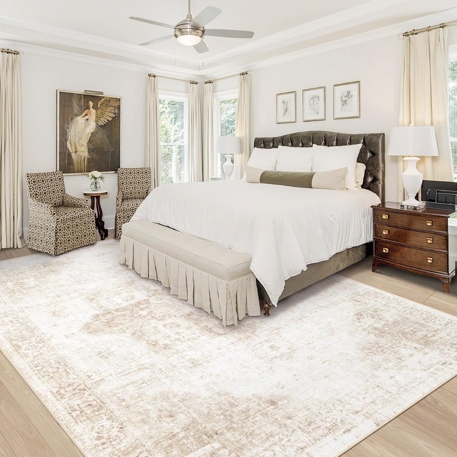 Area Rug 8X10 Washable Rug, Vintage Boho Medallion Rugs Non-Slip Soft Low Pile Large Distressed Rug Indoor Retro Carpet For Living Room Bedroom Dining Room Office Children'S Room(Beige, 8'X10')