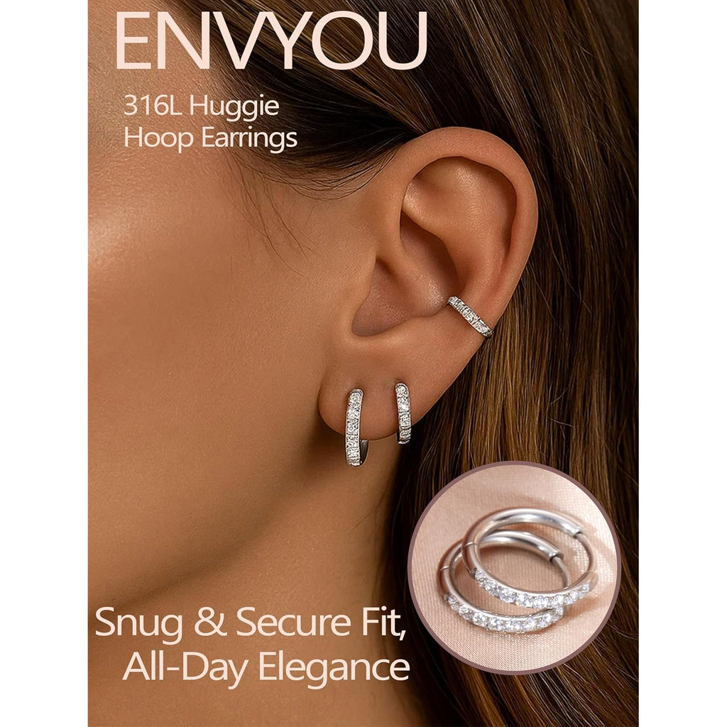 316L Surgical Steel Huggie Hoop Earrings,Dainty Pave Cubic Zirconia Cartilage Tiny Earring for Sensitive Ears Hypoallergenic Lightweight for Women Men