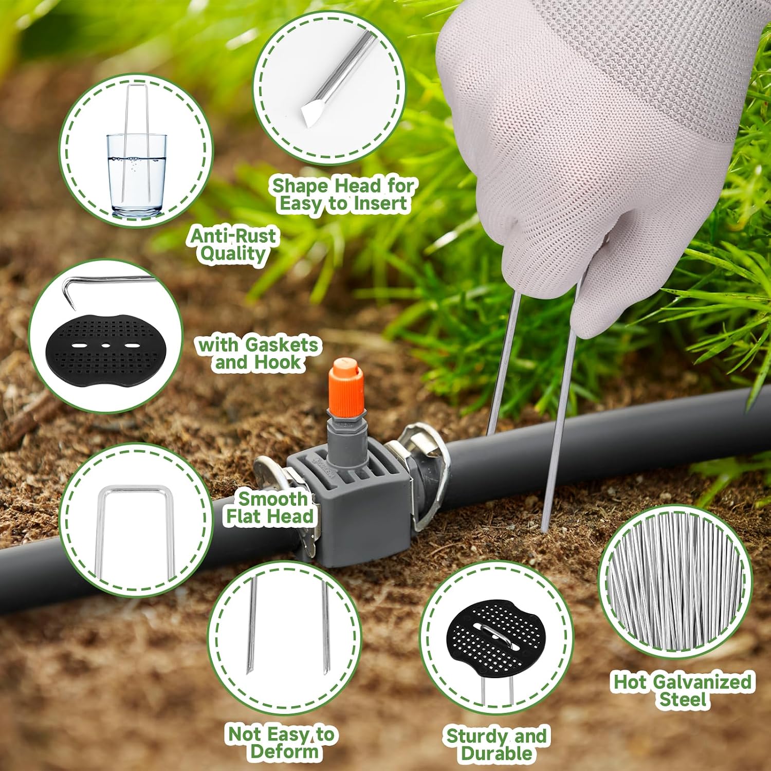 Jelner Garden Stakes,6 Inch 11 Gauge 50Pcs Galvanized Landscape Staples + 50Pcs Gaskets + 1Pick Hook,Tent Stakes Landscaping Fabric Sod Pins For Weed Fabric Barrier,Groud Cover,Fence